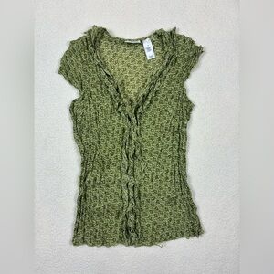 Y2K TINT Women's Medium Ruched Blouse Top Green Brown Ruffles Sheer